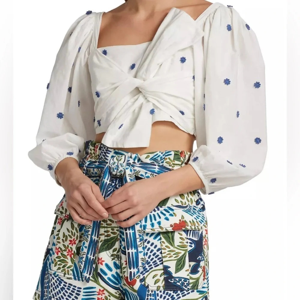 Farm Rio Embroidered Floral Crop Top White Navy Puff Twist Front